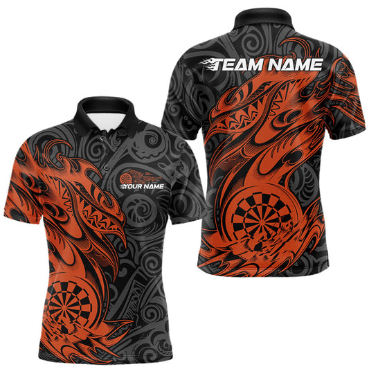 Maxcorners Custom Black And Orange Tribal Polynesian Dart Team Men Shirts, Niho Mano Dart Shirt LM2602