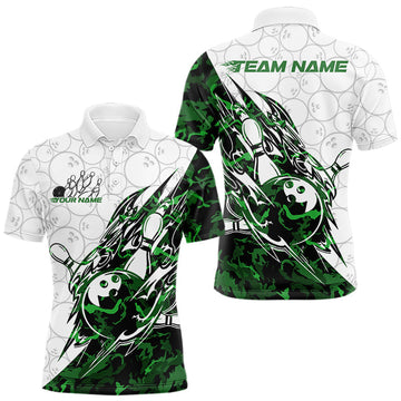 Maxcorners Custom Green Camo Bowling Men Polo Shirt, Bowling Ball Pattern Team Jerseys