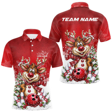 Maxcorners Custom Cute Funny Reindeer Christmas Bowling Men Polo Shirts, Xmas Team Bowling Outfit LM1411