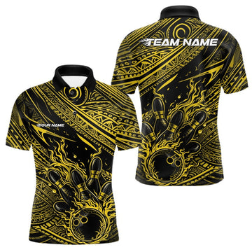 Maxcorners Custom Black And Yellow Tribal Flame Bowling Ball Bowling Team Shirts, Polynesian Bowling Tournament Shirt LM1501