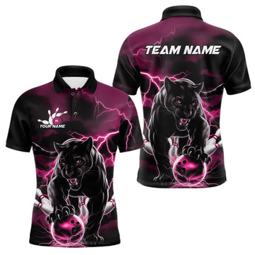 Maxcorners Pink Thunder Lightning Custom Panther Men Bowling Polo Shirts, Panther Bowling Jerseys LM2602