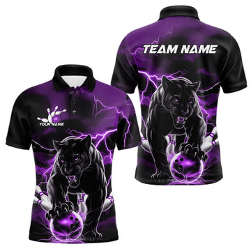 Maxcorners Purple Thunder Lightning Custom Panther Men Bowling Polo Shirts, Panther Bowling Jerseys LM2602