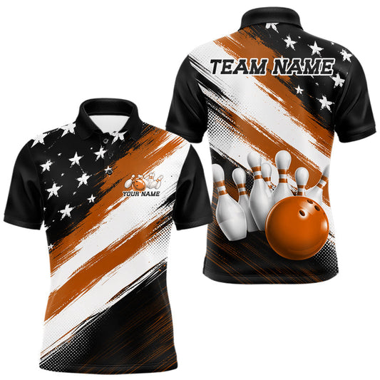 Maxcorners Orange Custom Multi Color Line American Flag Patriotic Bowling Team Shirts For Men, Women And Kid, US Flag Bowling Shirt