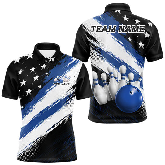 Maxcorners Blue Custom Multi Color Line American Flag Patriotic Bowling Team Shirts For Men, Women And Kid, US Flag Bowling Shirt