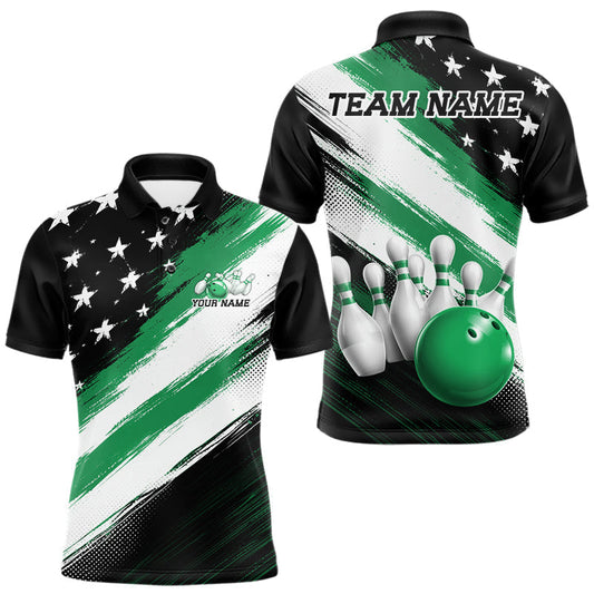 Maxcorners Green Custom Multi Color Line American Flag Patriotic Bowling Team Shirts For Men, Women And Kid, US Flag Bowling Shirt