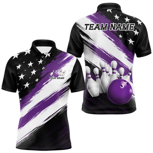 Maxcorners Purple Custom Multi Color Line American Flag Patriotic Bowling Team Shirts For Men, Women And Kid, US Flag Bowling Shirt