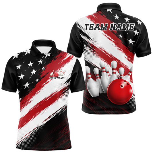 Maxcorners Red Custom Multi Color Line American Flag Patriotic Bowling Team Shirts For Men, Women And Kid, US Flag Bowling Shirt