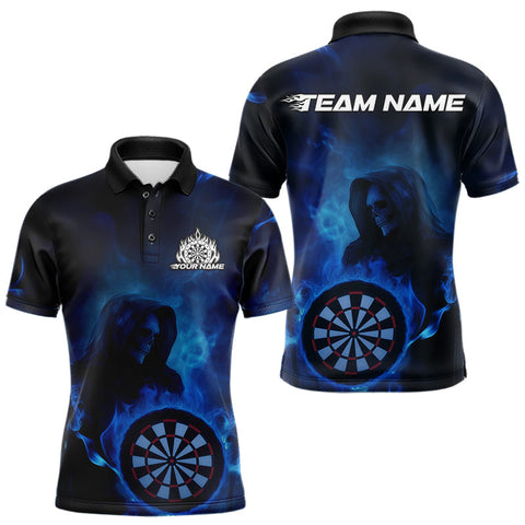 Maxcorners Custom Blue Flame Grim Reaper Skull Dart Men Polo Shirts, Halloween Dart Team Outfits LM1610