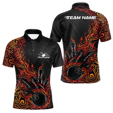 Maxcorners Custom Black And Red Orange Tribal Flame Bowling Ball Bowling Team Shirts, Polynesian Bowling Tournament Shirt 5 LM1501