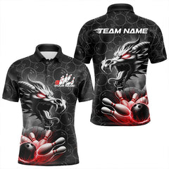 Maxcorners Custom Black And Red Dragon Bowling Men Polo Shirts, Bowling Pattern Dragon Bowler Outfit LM193