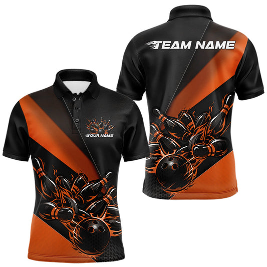 Maxcorners Custom Black And Orange Flame Men Bowling Shirts, Bowling League Shirt Bowler Jerseys