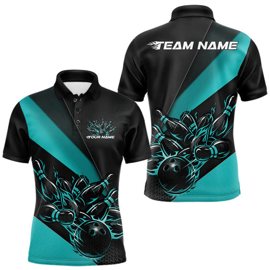 Maxcorners Custom Turquoise Blue Flame Men Bowling Team Shirts, Bowling League Shirt Bowler Jerseys