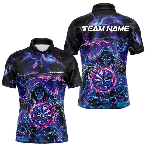 Maxcorners Custom Blue, Purple And Pink Grim Reaper Skull Dart Men Polo Shirts, Halloween Team Outfit LM1610
