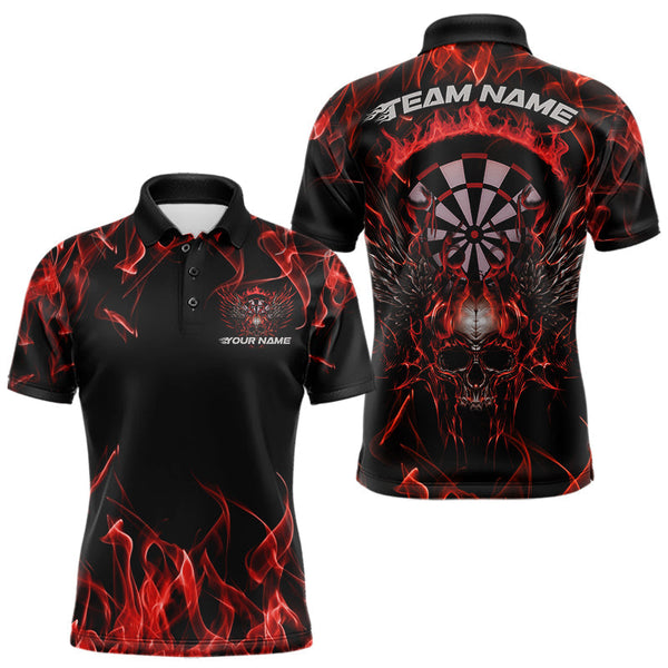 Maxcorners Custom Red Orange Flame Skull With Wings Dart Polo Shirt For Men, Halloween Dart Outfit LM1610