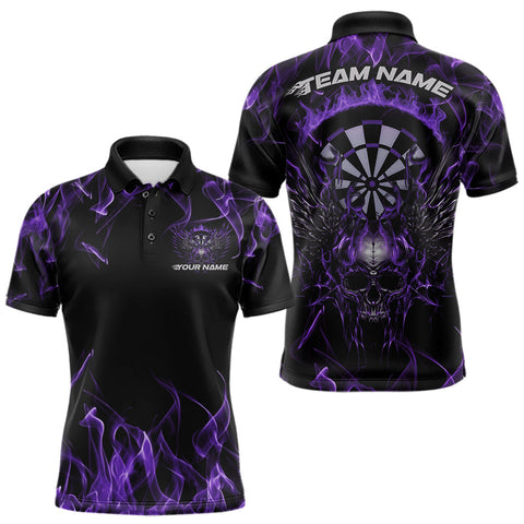 Maxcorners Custom Purple Flame Skull With Wings Dart Polo Shirt For Men, Halloween Dart Outfit LM1610