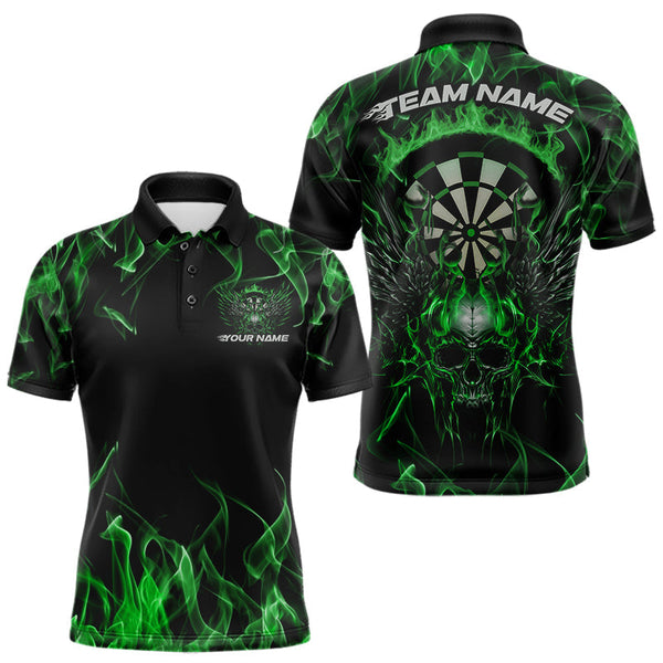 Maxcorners Custom Green Flame Skull With Wings Dart Polo Shirt For Men, Halloween Dart Outfit LM1610