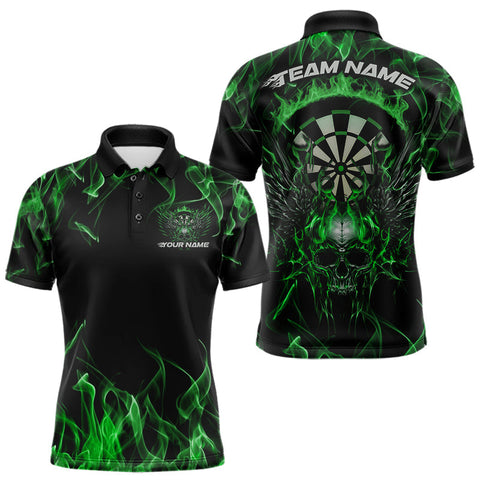 Maxcorners Custom Green Flame Skull With Wings Dart Polo Shirt For Men, Halloween Dart Outfit LM1610