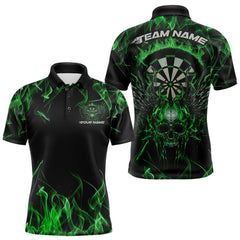 Maxcorners Custom Green Flame Skull With Wings Dart Polo Shirt For Men, Halloween Dart Outfit LM1610