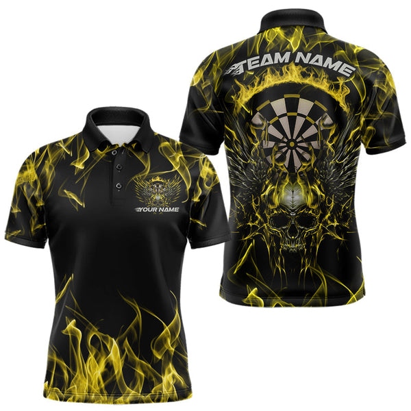 Maxcorners Custom Yellow Flame Skull With Wings Dart Polo Shirt For Men, Halloween Dart Outfit LM1610