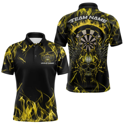 Maxcorners Custom Yellow Flame Skull With Wings Dart Polo Shirt For Men, Halloween Dart Outfit LM1610