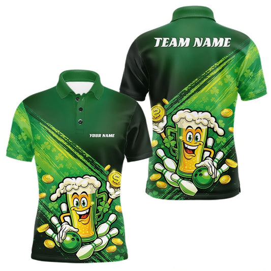 Maxcorners Custom Funny St Patricks Day Beer Bowling Team Shirts, Green Shamrock And Gold Coin Bowling Jerseys LM1104