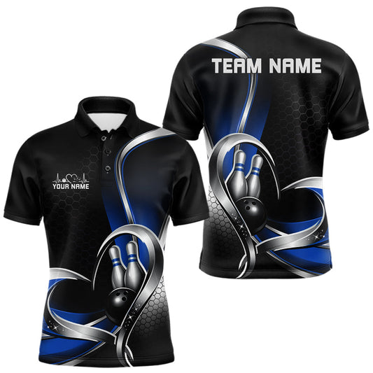 Maxcorners Custom Black And Blue Heart Bowling Men Polo Shirt, Hexagon Bowling Team Jerseys LM1904