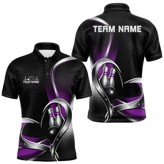 Maxcorners Custom Black And Purple Heart Bowling Men Polo Shirt, Hexagon Bowling Team Jerseys LM1904