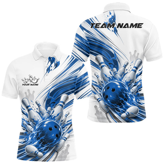 Maxcorners Custom White And Blue Flame Bowling Team Jerseys, Bowling League Men Polo Shirt