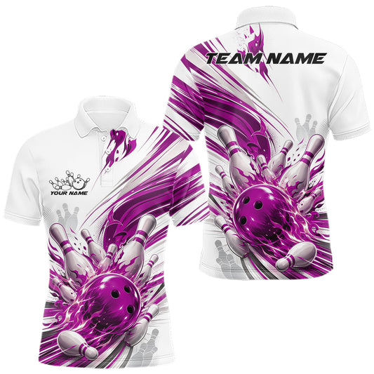 Maxcorners Custom White And Purple Flame Bowling Team Jerseys, Bowling League Men Polo Shirt