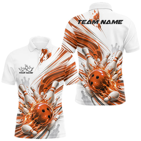 Maxcorners Custom White And Orange Flame Bowling Team Jerseys, Bowling League Men Polo Shirt