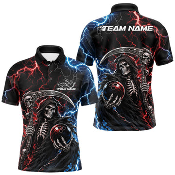 Maxcorners Custom Blue And Red Lightning Grim Reaper Skull Bowling Halloween Men Polo Shirt