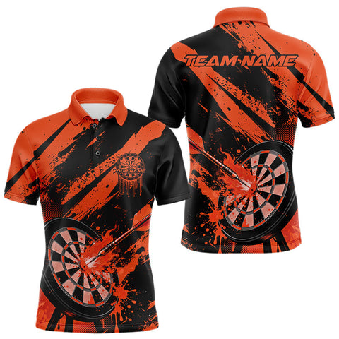 Maxcorners Custom Grunge Black And Orange Dart Jerseys, Flame Dart Tip Hit Bullseye Men Polo Shirt LM1610