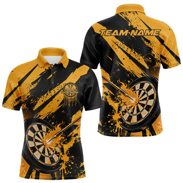 Maxcorners Custom Grunge Black And Yellow Dart Jerseys, Flame Dart Tip Hit Bullseye Men Polo Shirt LM1610