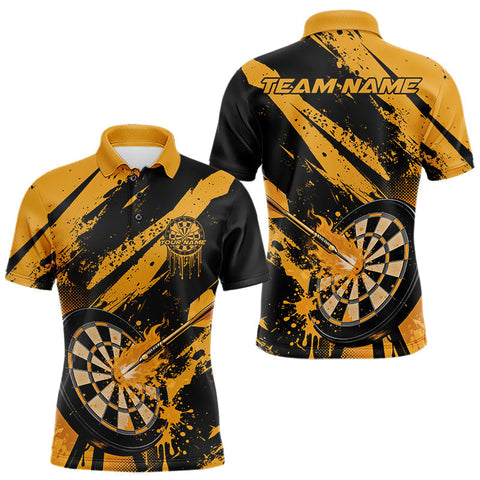 Maxcorners Custom Grunge Black And Yellow Dart Jerseys, Flame Dart Tip Hit Bullseye Men Polo Shirt LM1610