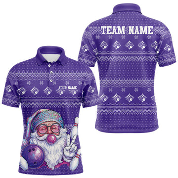Maxcorners Custom Funny Santa Christmas Men Bowling Polo Shirts, Purple Xmas Bowling Team Outfit