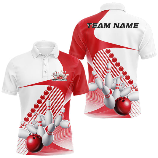 Maxcorners Custom White And Red Bowling Ball And Pins Men Polo Shirt, Bowling Team Jerseys LM1904