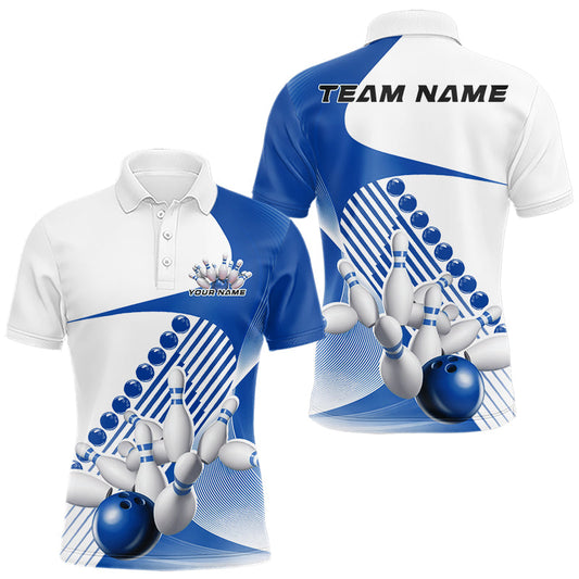Maxcorners Custom White And Blue Bowling Ball And Pins Men Polo Shirt, Bowling Team Jerseys LM1904