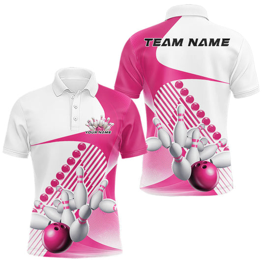 Maxcorners Custom White And Pink Bowling Ball And Pins Men Polo Shirt, Bowling Team Jerseys LM1904