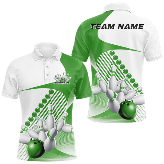 Maxcorners Custom White And Green Bowling Ball And Pins Men Polo Shirt, Bowling Team Jerseys LM1904
