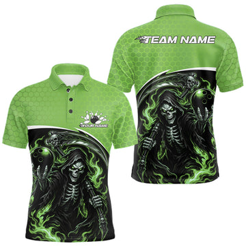 Maxcorners Custom Green Fire Flame Grim Reaper Skull Halloween Men Bowling Polo Shirt, Bowler Outfit