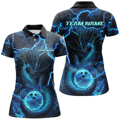 Maxcorners Black And Blue Thunder Lightning Dragon Bowling Shirt For Women, Bowling Team Jersey