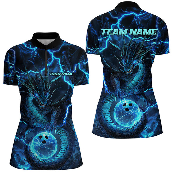 Maxcorners Black And Blue Thunder Lightning Dragon Bowling Shirt For Women, Bowling Team Jersey