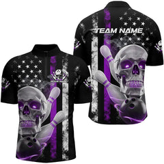 Maxcorners Purple Thin Line American Flag Custom Patriotic Us Skull Bowling Polo Shirts For Men
