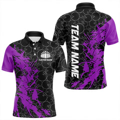 Maxcorners Black And Purple Custom Bowling Tournament Polo Shirts For Men, Bowling Pattern Team Jerseys
