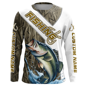 Maxcorners Largemouth Bass Fishing Fish Hook Custom Long Sleeve Shirts, Bass Jerseys Fishing Gifts | Grass Camo LM0201