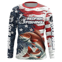 Maxcorners Custom Redfish Fishing American Flag Long Sleeve Fishing Shirts, Patriotic Redfish Fishing Shirts LM2408