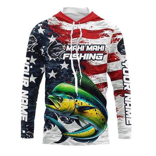 Maxcorners Custom Mahi Mahi Fishing American Flag Long Sleeve Fishing Shirts, Patriotic Mahi Fishing Shirts LM0501