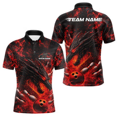 Maxcorners Custom Black And Red Flame Dragon Bowling Men Polo Shirts, Dragon Bowling League Shirt LM2512