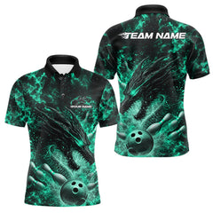 Maxcorners Custom Black And Green Flame Dragon Bowling Men Polo Shirt, Dragon Bowling League Shirt LM2512