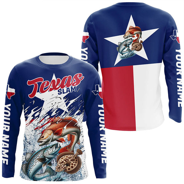 Maxcorners Redfish Trout Flounder Texas Slam Custom Long Sleeve Fishing Shirts, Texas Flag Fishing Shirts MT2108